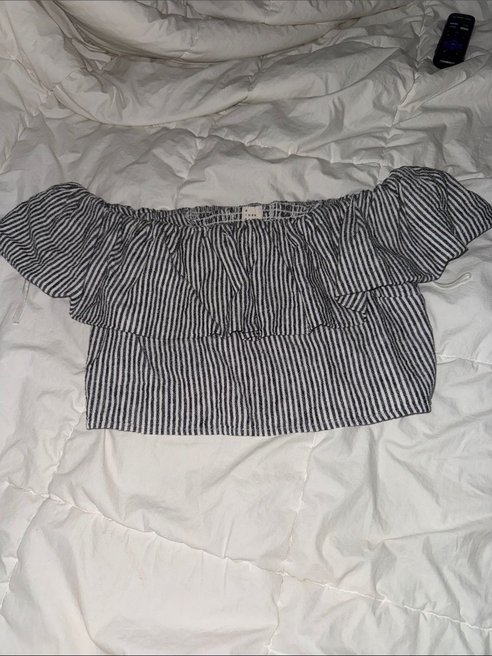 Striped Off-Shoulder Ruffle Crop Top - Black & White
